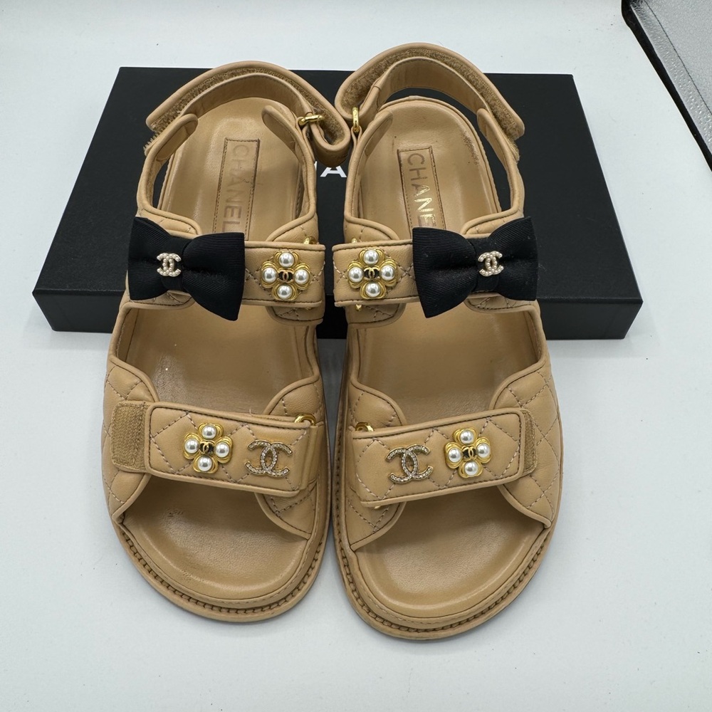 CHANEL beige tan leather straps dad slippers size 40
